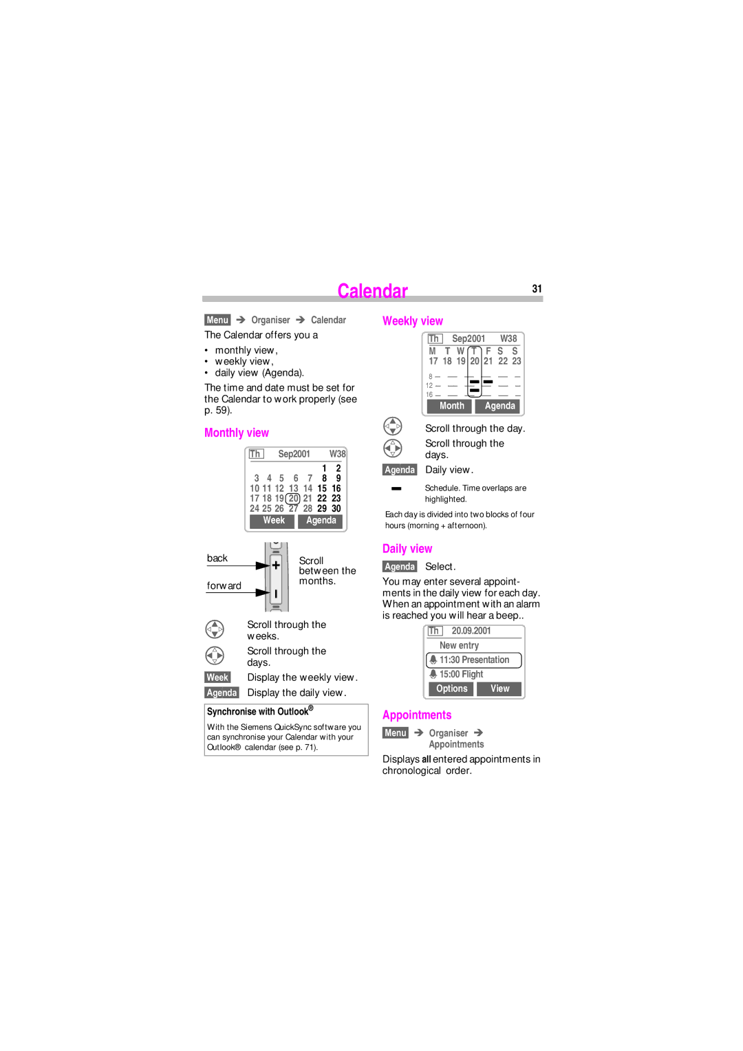 Siemens SL45 manual Calendar31, Monthly view, Weekly view, Daily view, Appointments 