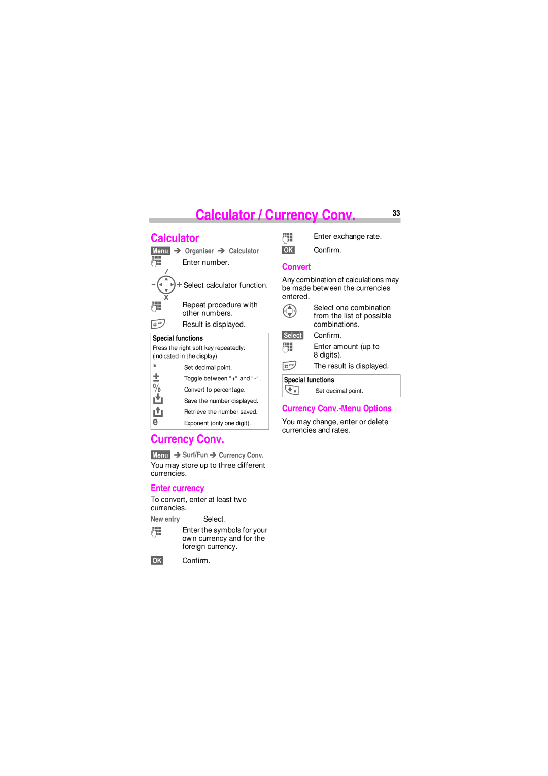 Siemens SL45 manual Calculator, Convert, Currency Conv.-Menu Options, Enter currency 