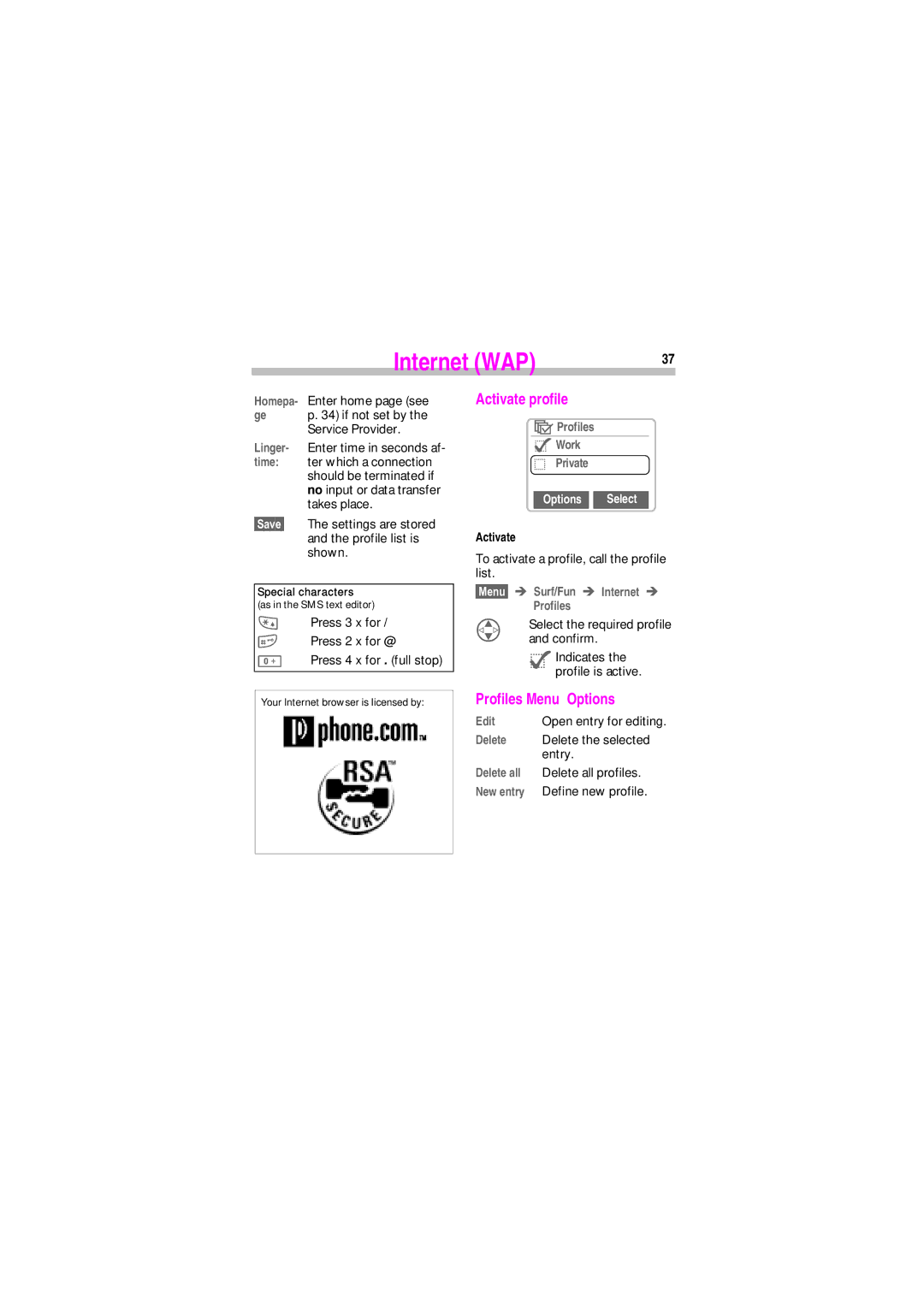 Siemens SL45 manual Activate profile, Profiles Menu Options, Profiles @ Work Private, Options Select 