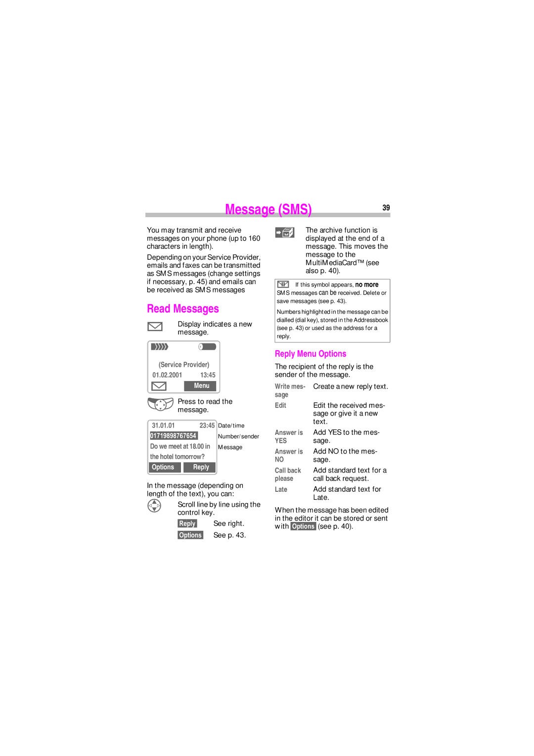 Siemens SL45 manual Message SMS, Read Messages, Reply Menu Options, Options Reply 