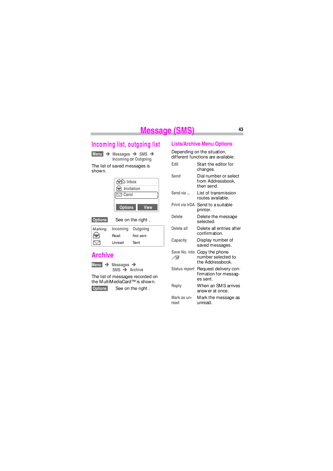 Siemens SL45 manual Lists/Archive Menu Options, View 