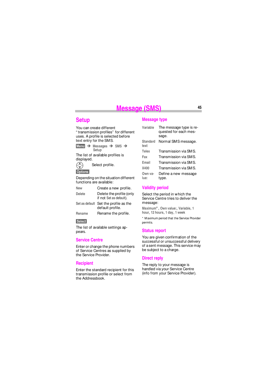 Siemens SL45 manual Setup 