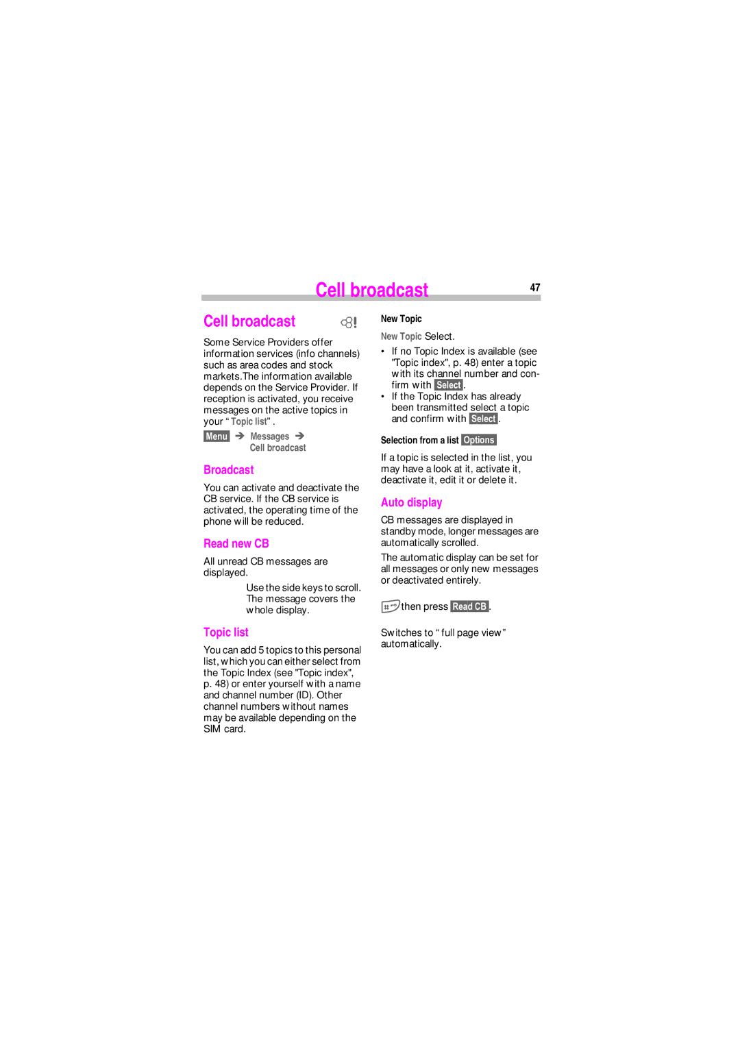 Siemens SL45 manual Cell broadcast 