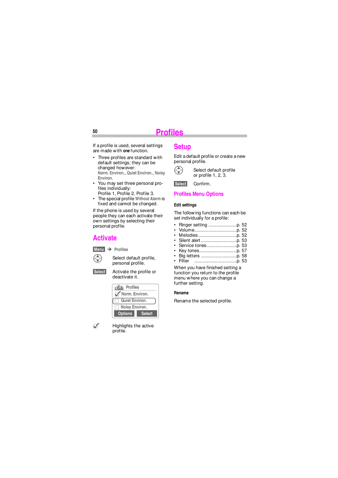 Siemens SL45 manual 50Profiles, AProfiles @Norm. Environ Quiet Environ Noisy Environ, Edit settings, Rename 