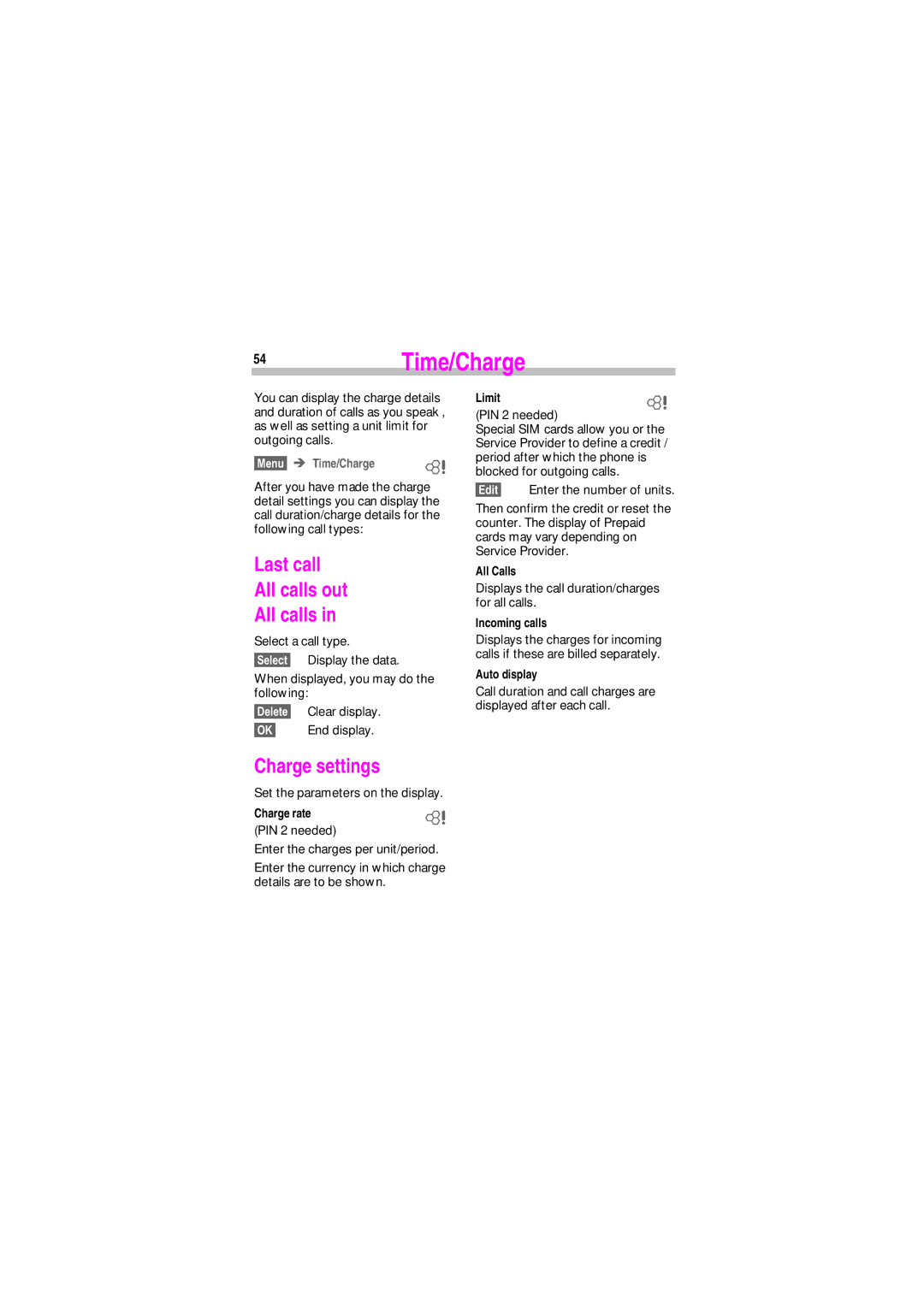 Siemens SL45 manual 54Time/Charge, Last call All calls out, Charge settings, 0HQX Î Time/Charge 