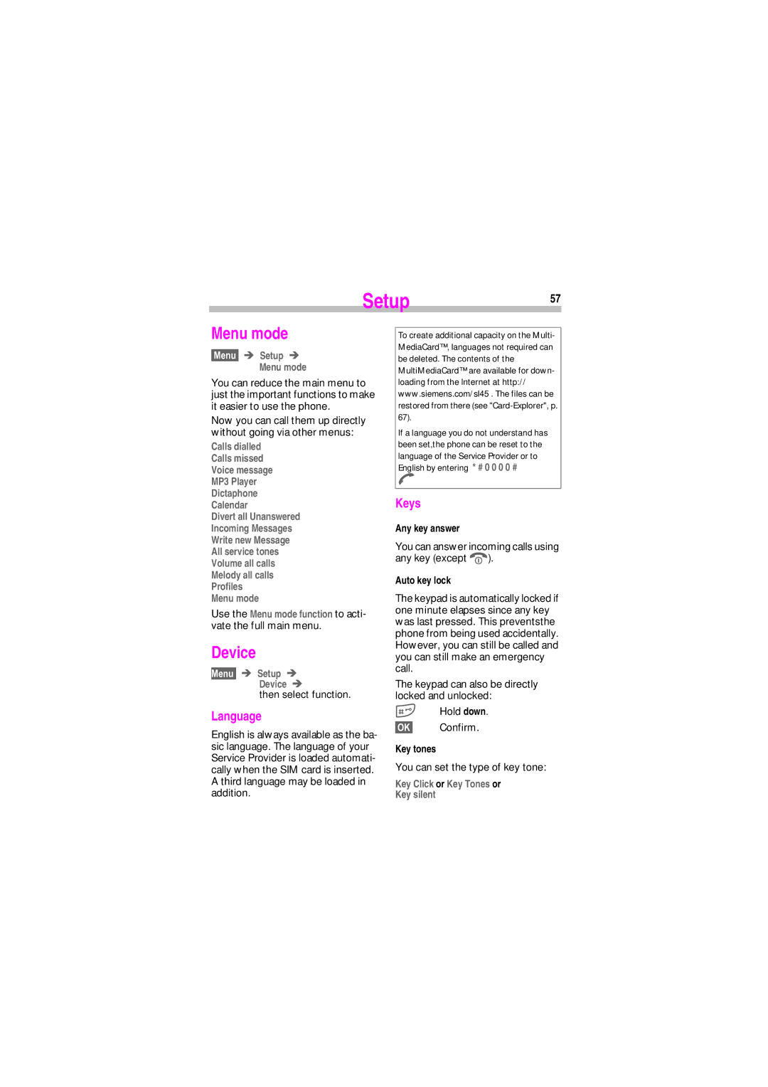 Siemens SL45 manual Setup57, Menu mode, Device, Language, Keys 