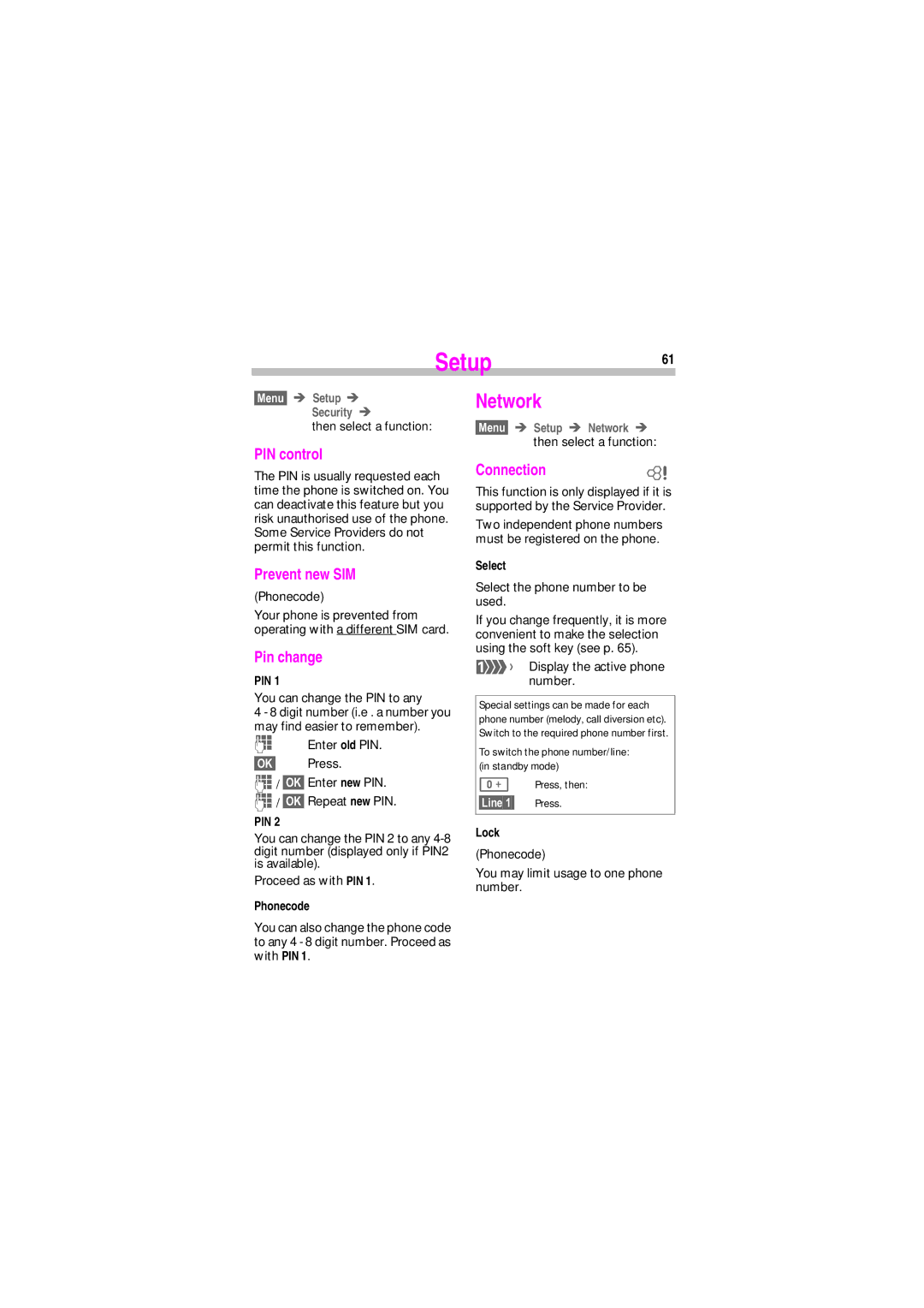 Siemens SL45 manual Network, PIN control, Prevent new SIM, Pin change, Connection 