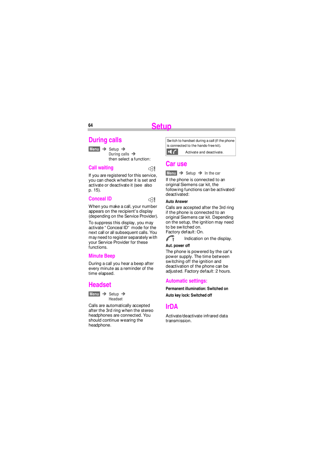 Siemens SL45 manual 64Setup, During calls, Headset, Car use, IrDA 