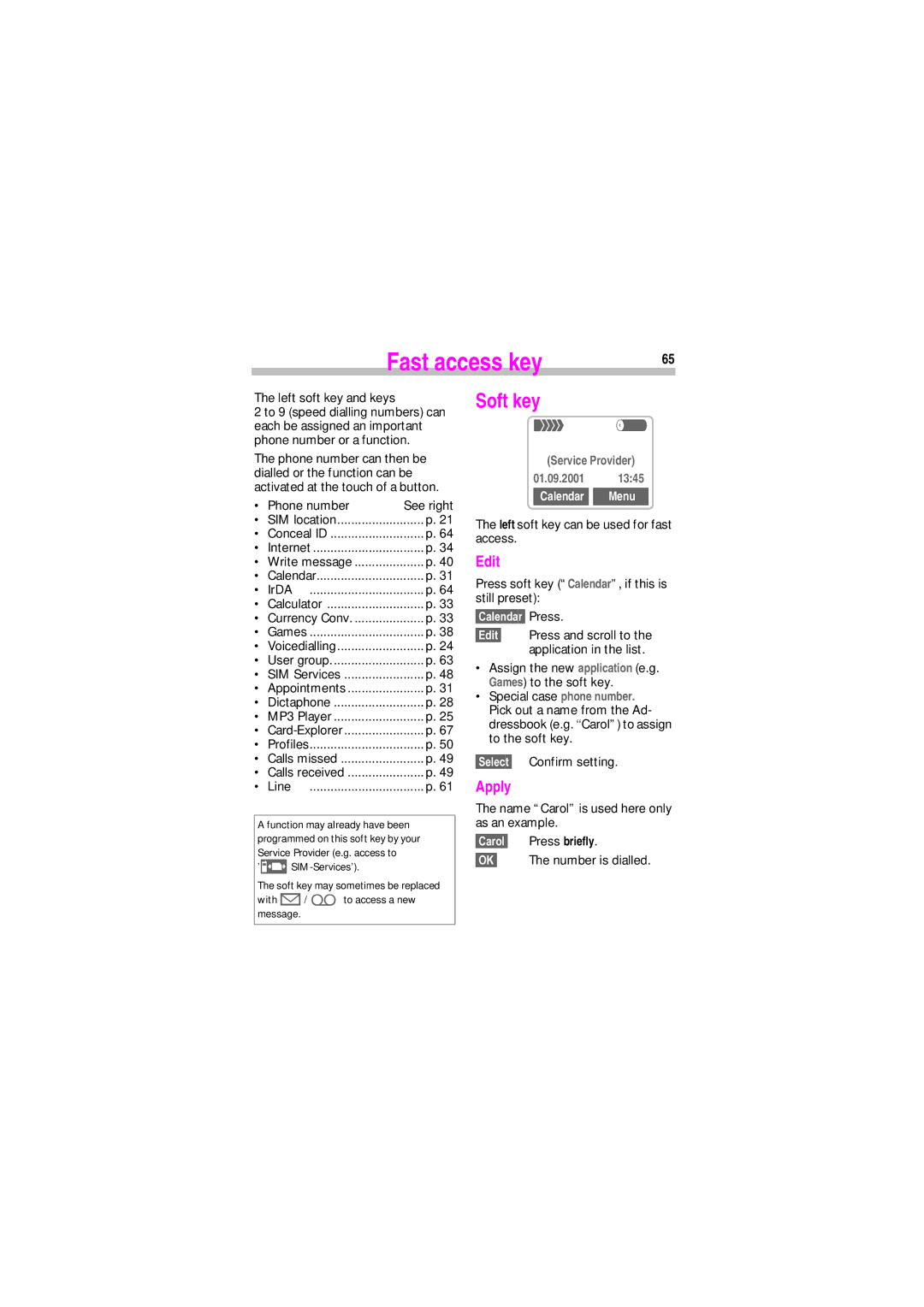 Siemens SL45 manual Fast access key, Soft key, Edit, Apply, Calendar Menu 