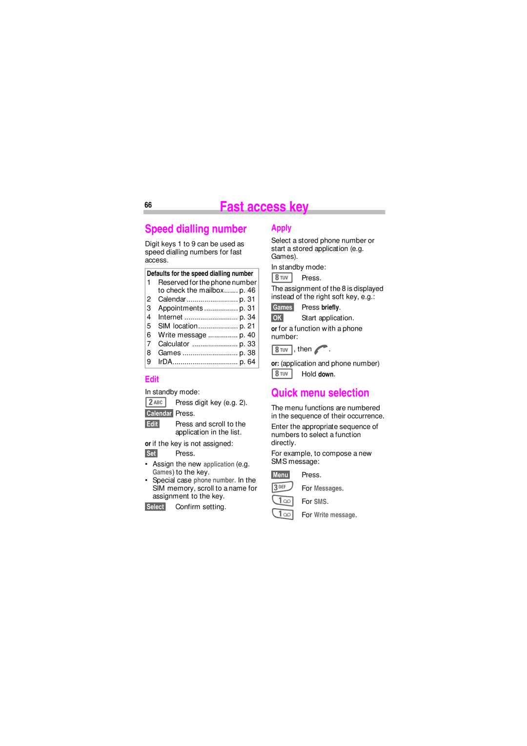 Siemens SL45 manual Speed dialling number, Quick menu selection, For Messages, For Write message 