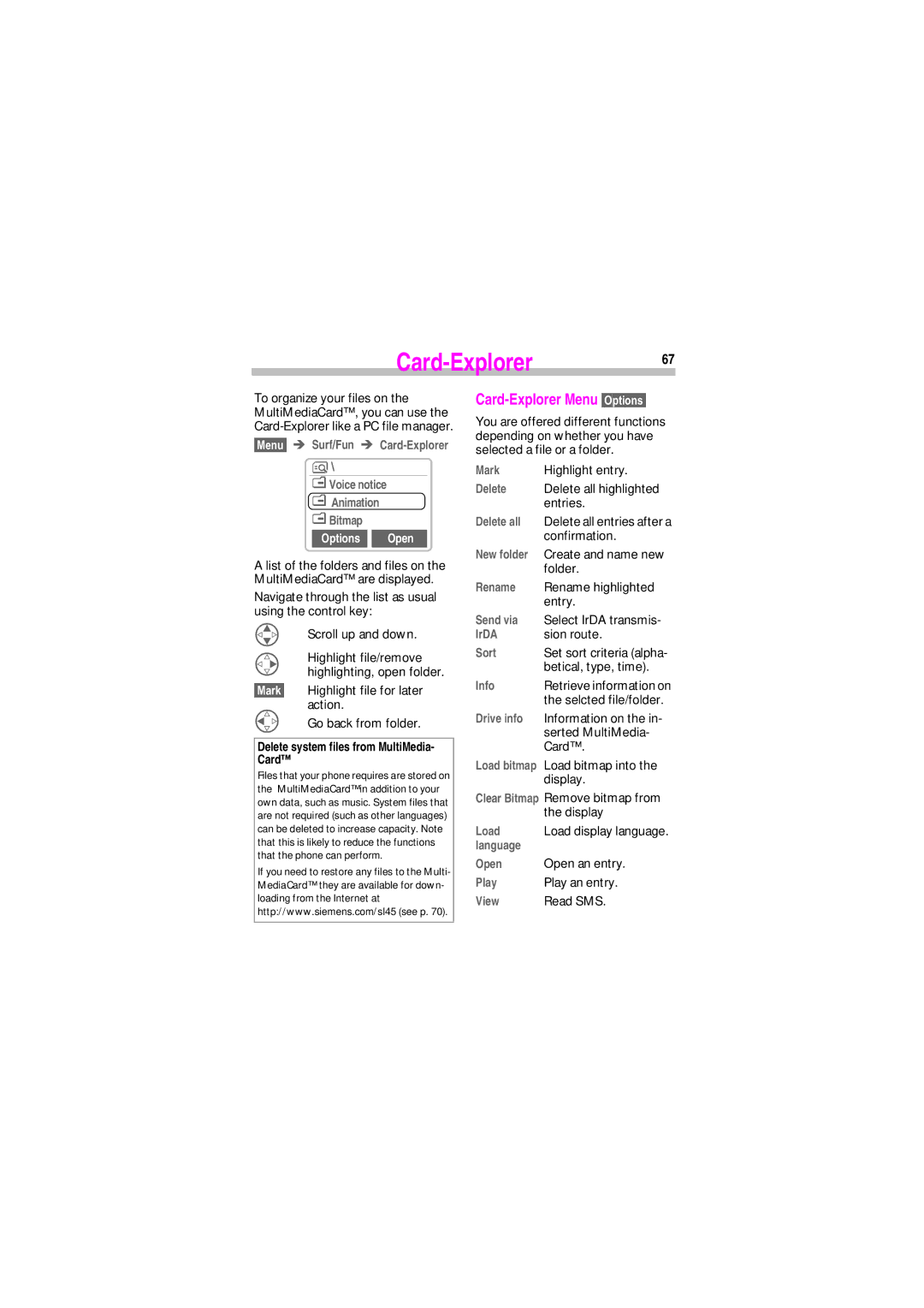 Siemens SL45 manual Card-Explorer67, Options Open 