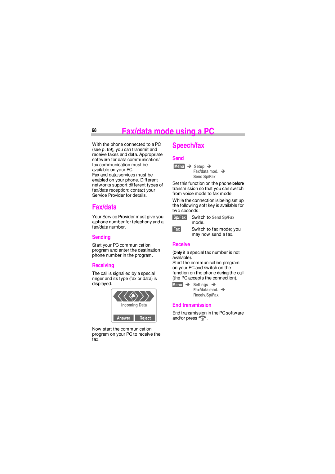 Siemens SL45 manual 68 Fax/data mode using a PC, Speech/fax 