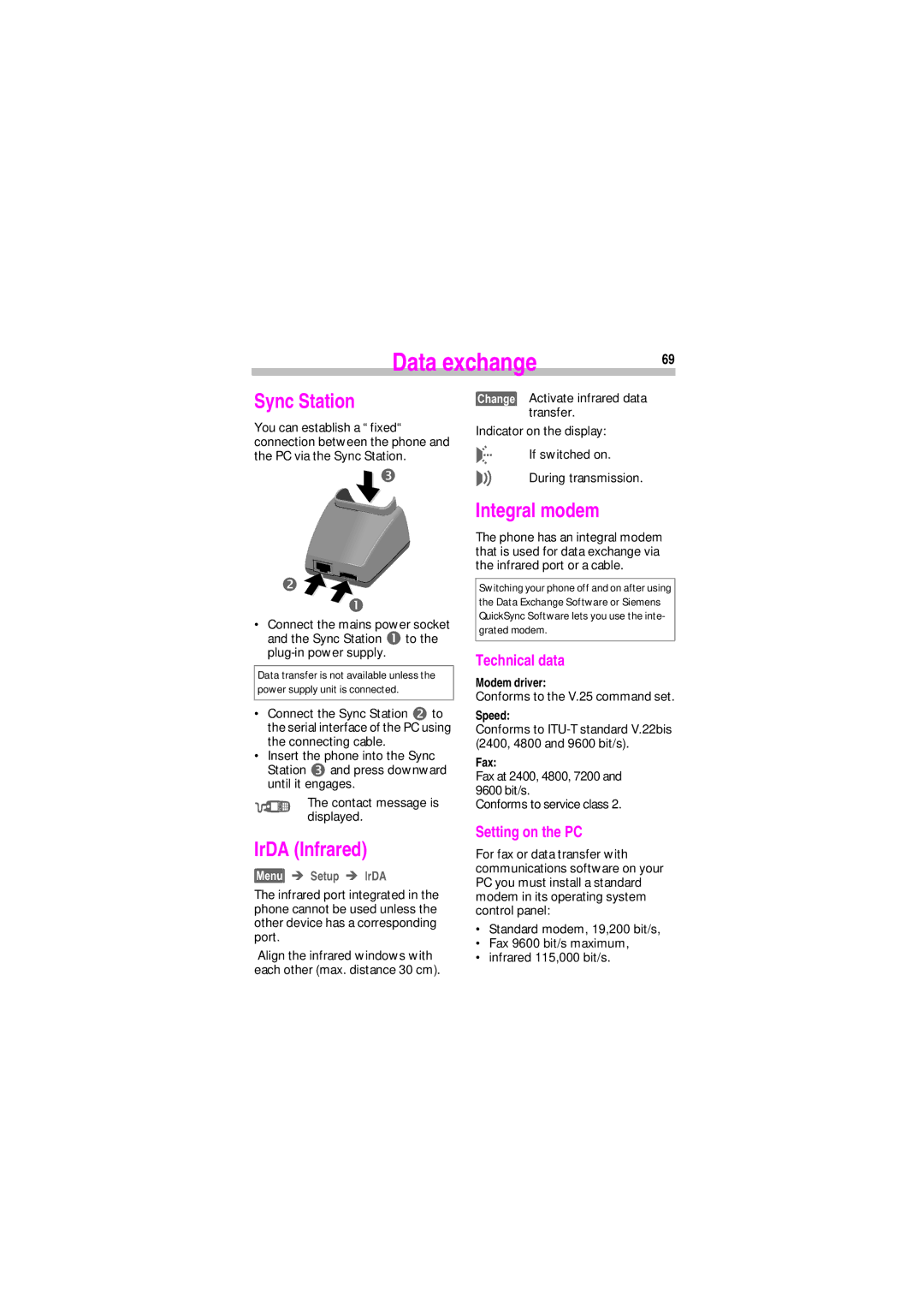 Siemens SL45 manual Data exchange, Sync Station, Integral modem, IrDA Infrared 