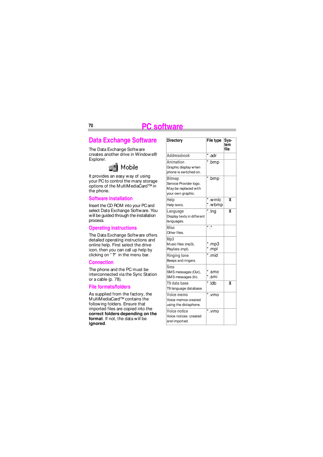 Siemens SL45 manual PC software, Software installation, Operating instructions, File formats/folders 