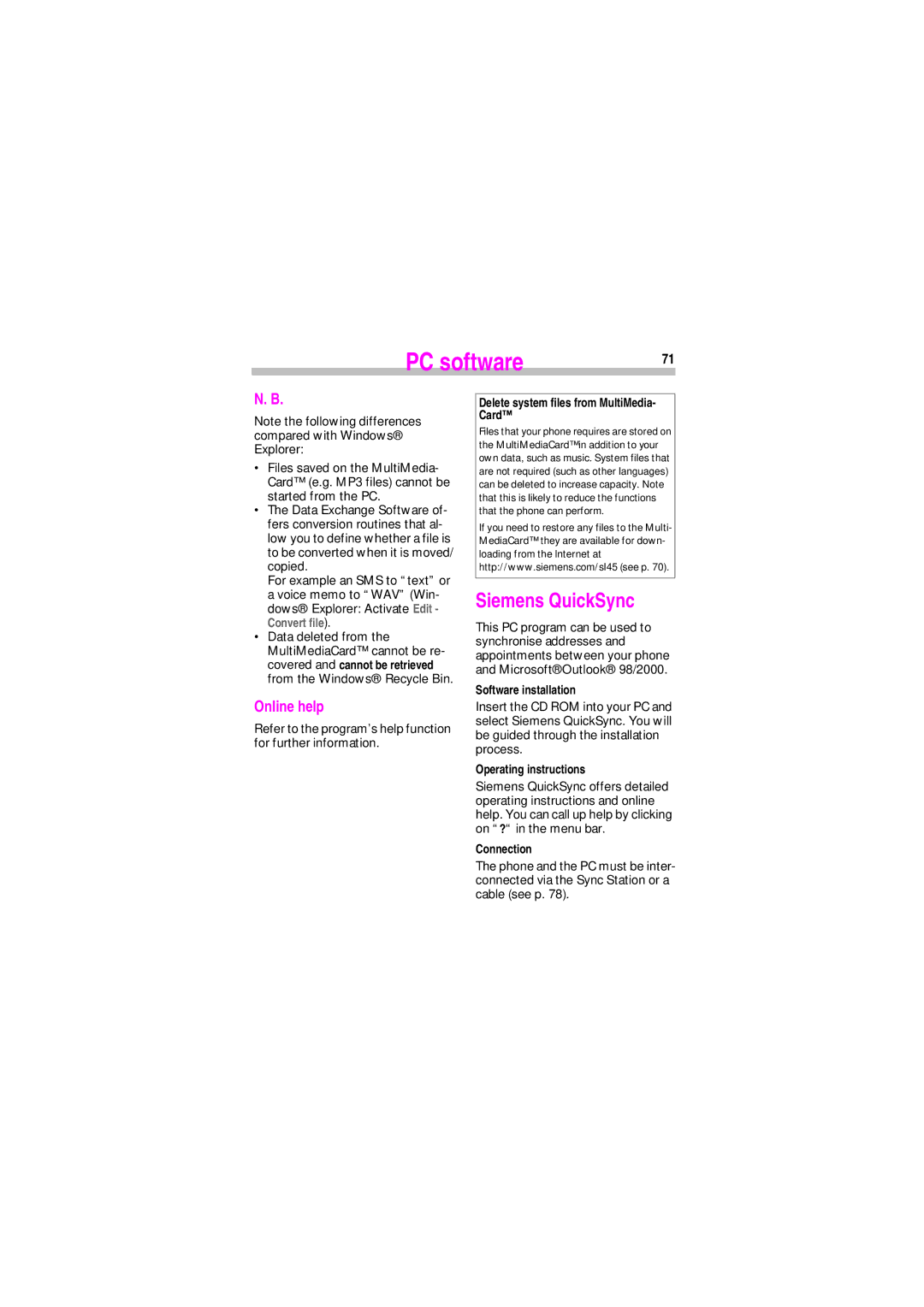 Siemens SL45 manual Siemens QuickSync, Online help, Software installation, Operating instructions, Connection 