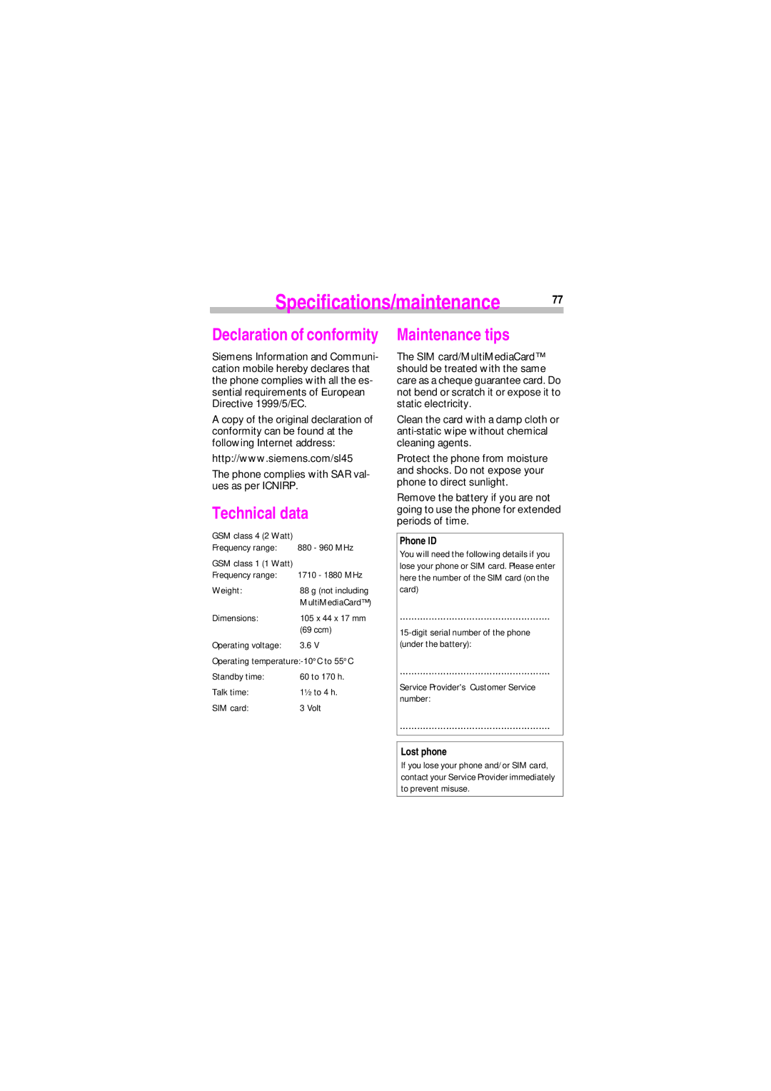 Siemens SL45 manual Technical data, Maintenance tips, Phone ID, Lost phone 