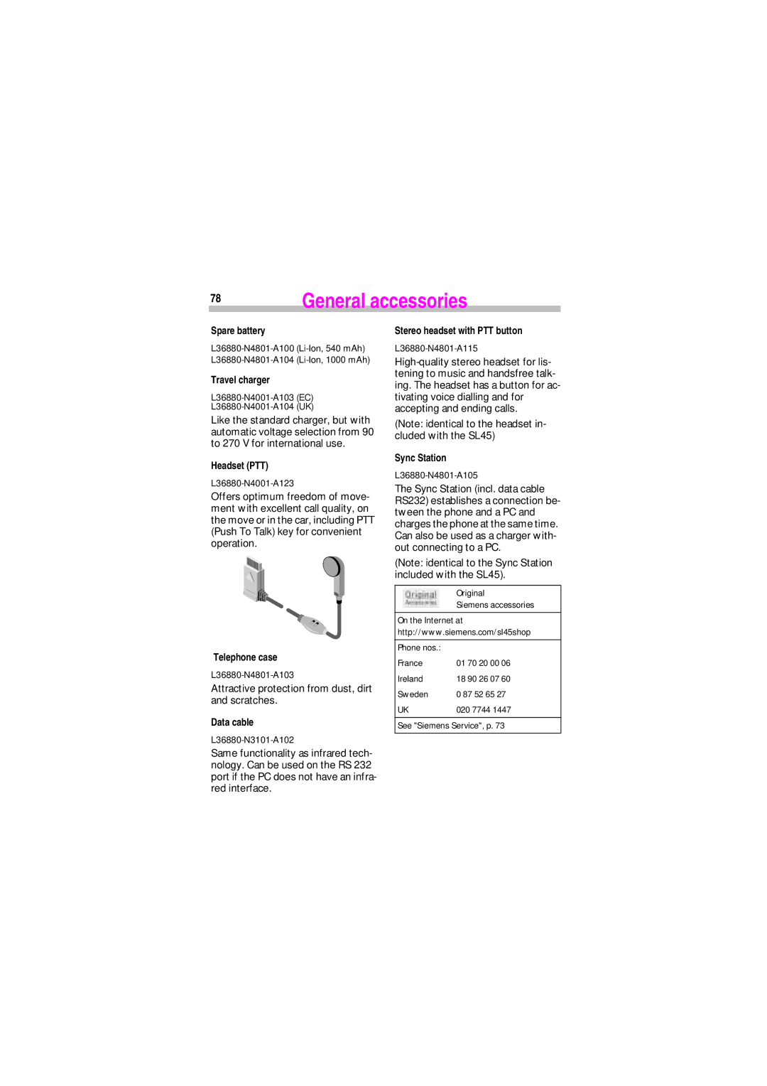 Siemens SL45 manual General accessories 