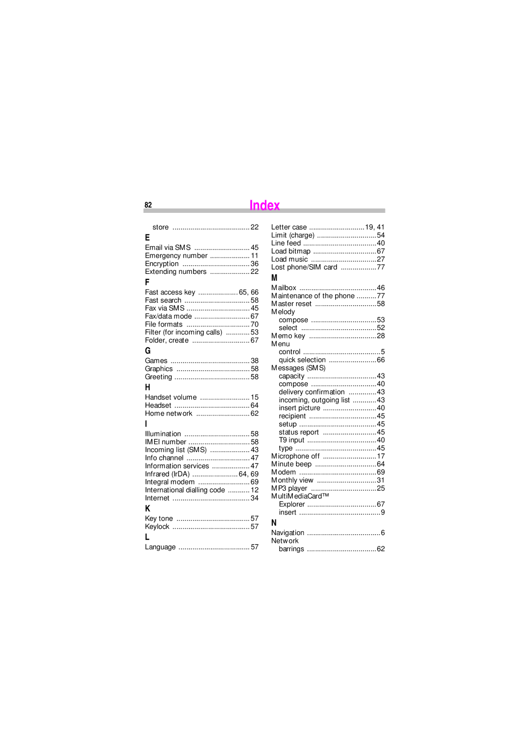 Siemens SL45 manual 82Index, Melody, Messages SMS, MultiMediaCard 