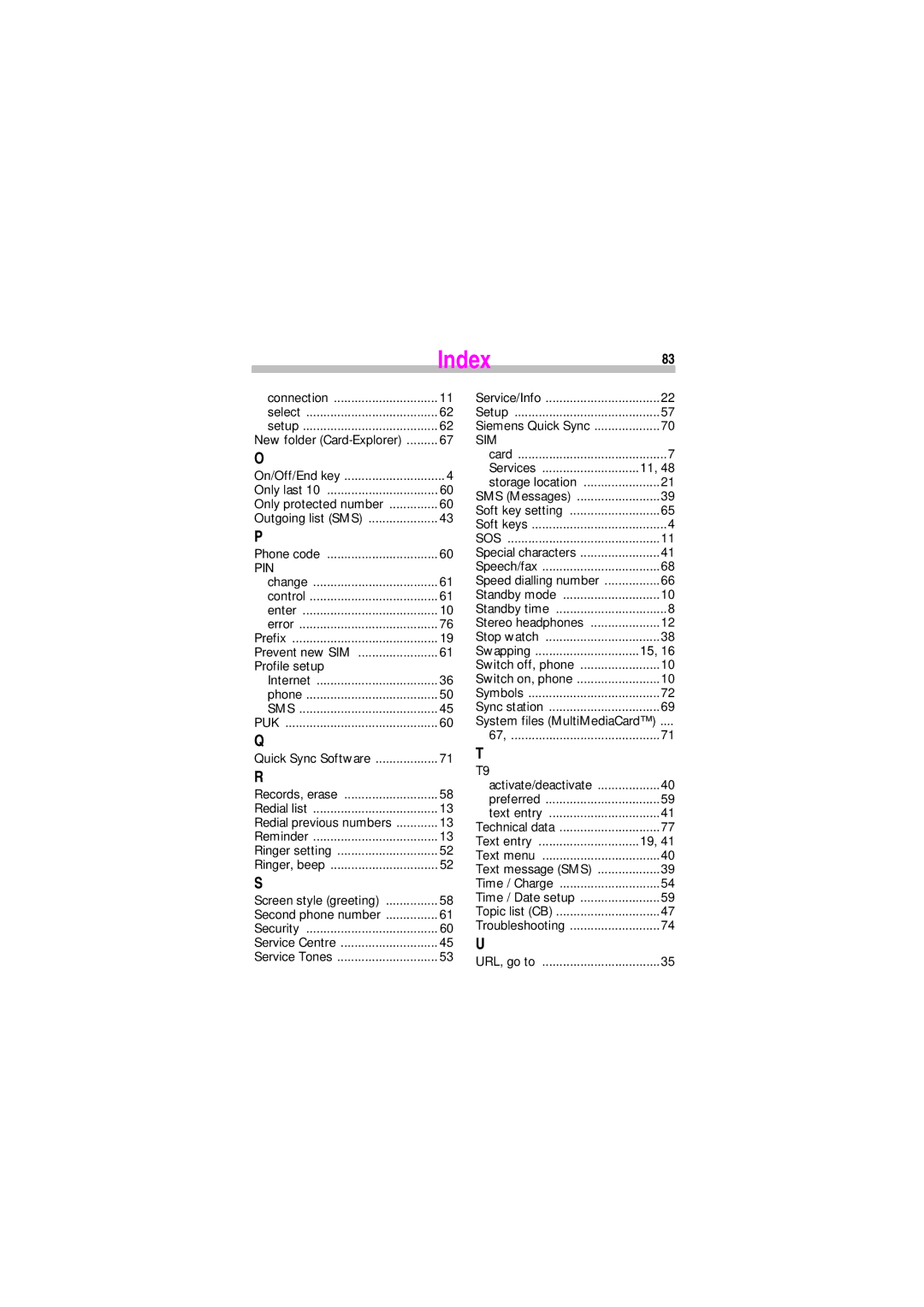 Siemens SL45 manual Index83 