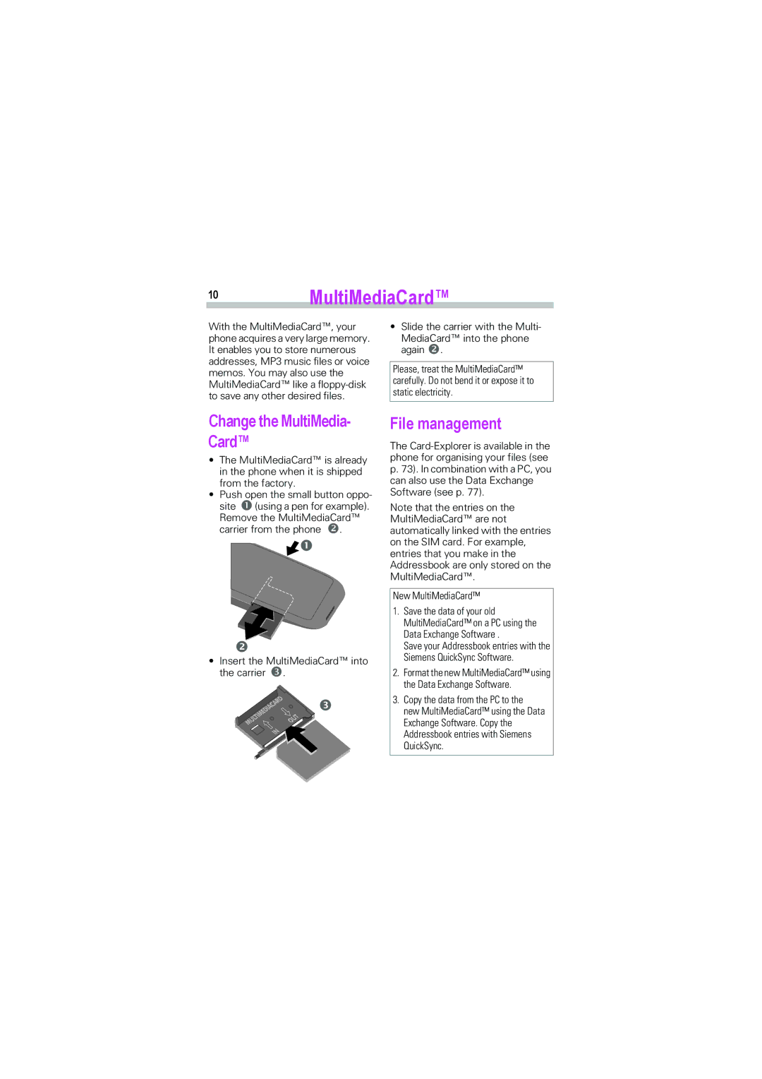 Siemens SL45i, SL42 manual 10MultiMediaCard, Change the MultiMedia- Card, File management 