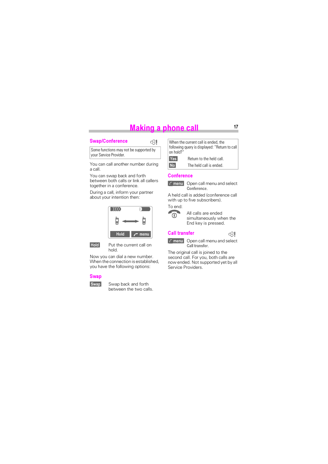 Siemens SL42, SL45i manual Swap/Conference, Call transfer, Hold a menu 