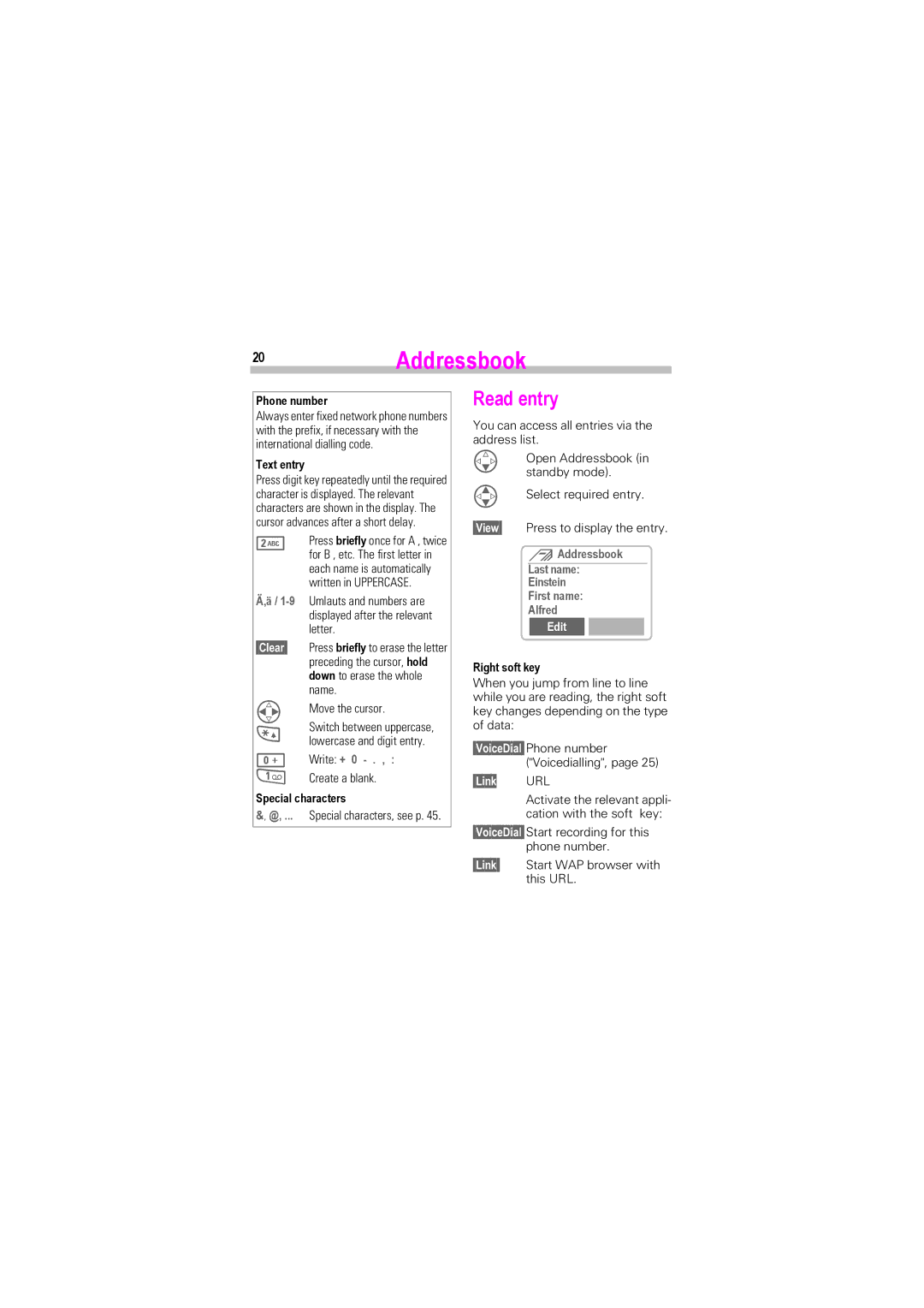 Siemens SL45i, SL42 manual 20Addressbook, Read entry, Edit 