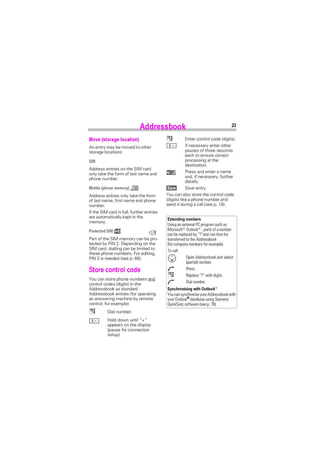 Siemens SL42, SL45i manual Addressbook23, Store control code, Move storage location, Mobile phone memory ², Protected SIM 