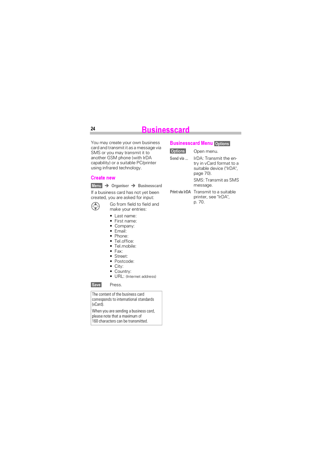 Siemens SL45i, SL42 manual 24Businesscard, Create new, Businesscard Menu Options, Characters can be transmitted 