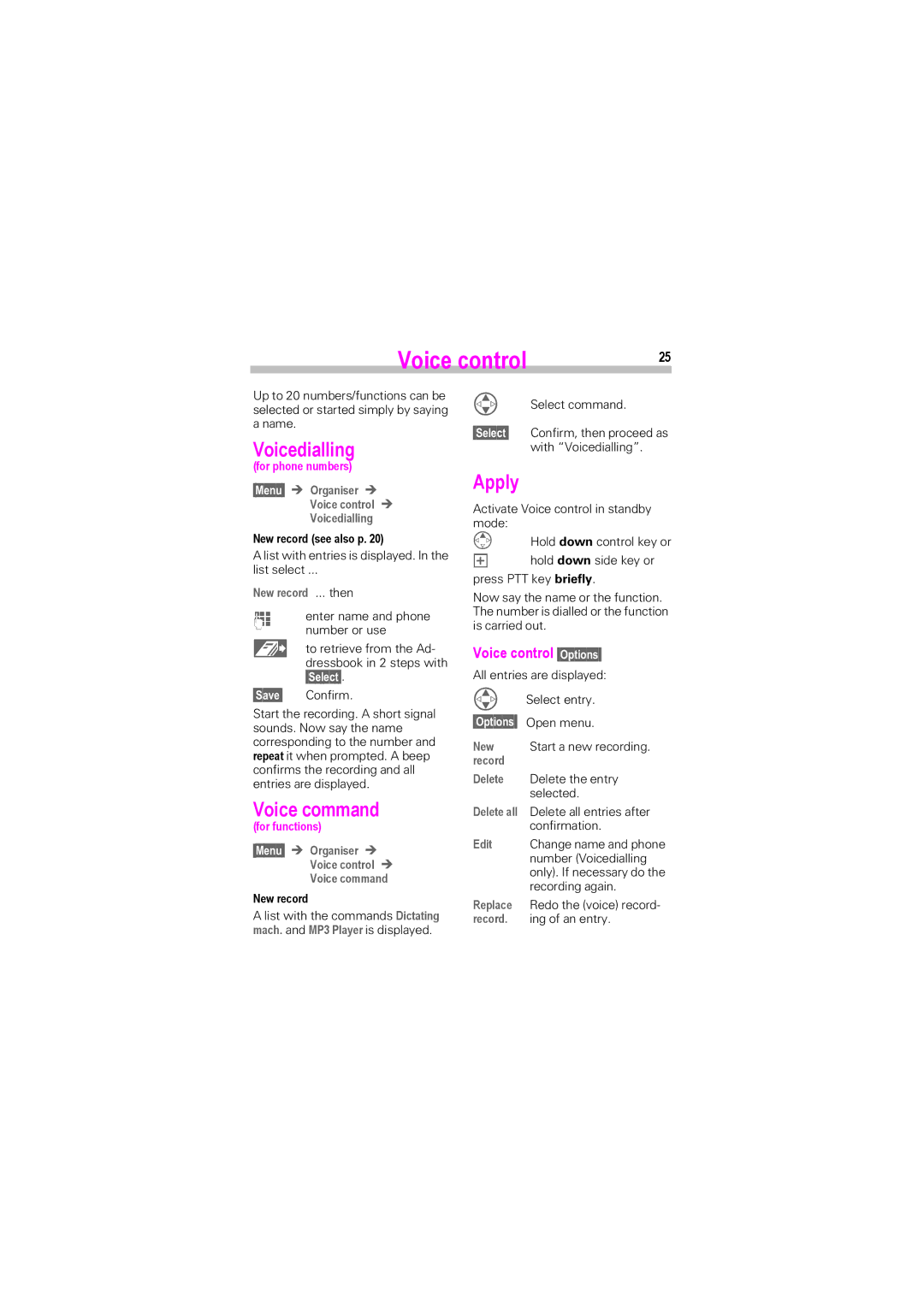 Siemens SL42, SL45i manual Voicedialling, Apply, Voice command, Voice control Options 