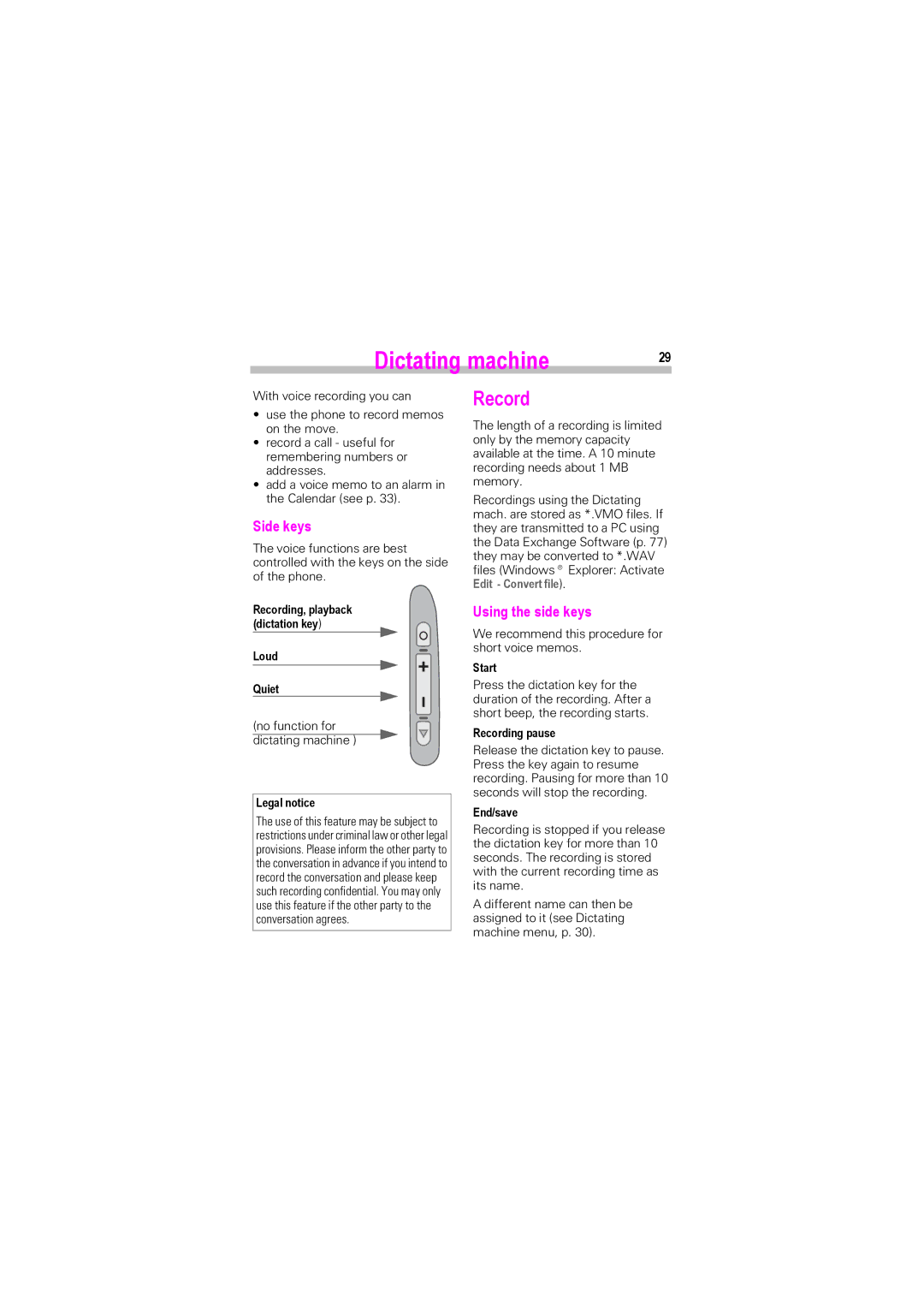 Siemens SL42, SL45i manual Dictating machine, Record, Side keys, Using the side keys, Edit Convert file 