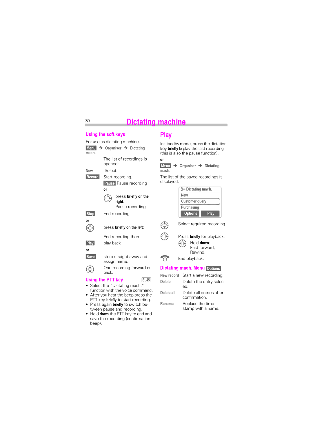 Siemens SL45i, SL42 manual Using the soft keys, Dictating mach. Menu Options, Using the PTT key 