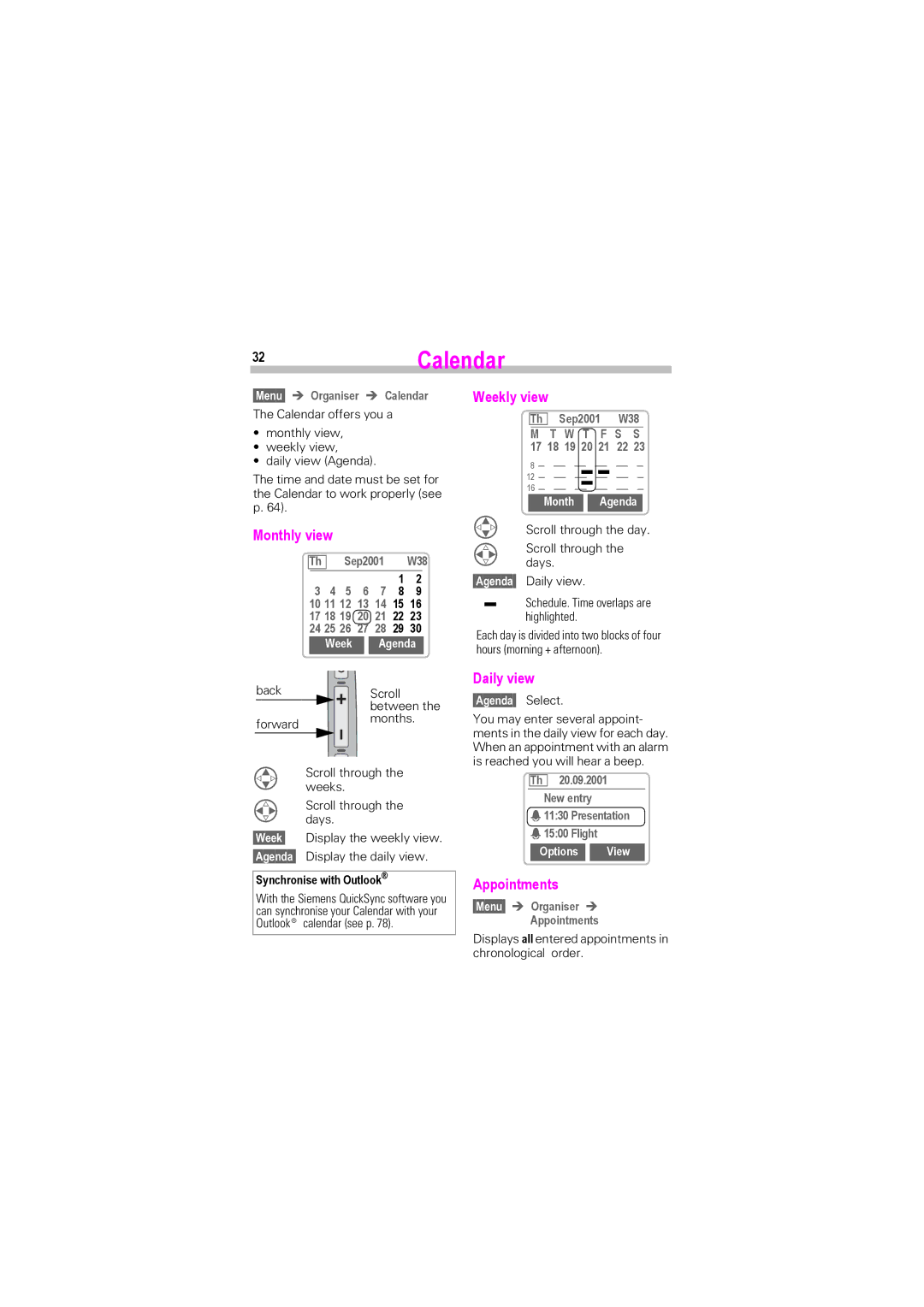 Siemens SL45i, SL42 manual 32Calendar, Monthly view, Weekly view, Daily view, Appointments 