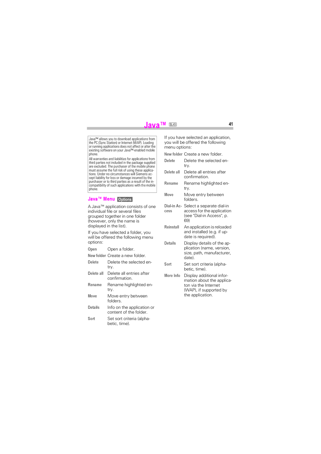 Siemens SL42, SL45i manual Java Menu Options 