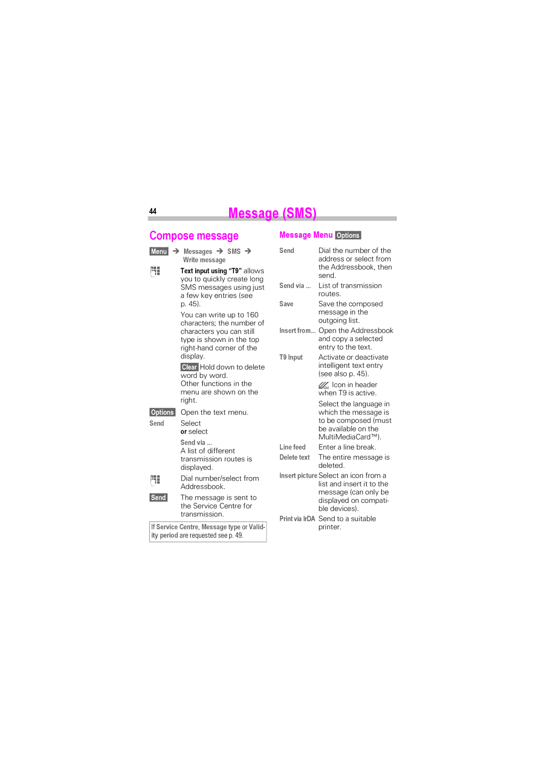 Siemens SL45i, SL42 manual Compose message, Message Menu Options, Menu ! Messages ! SMS Write message 