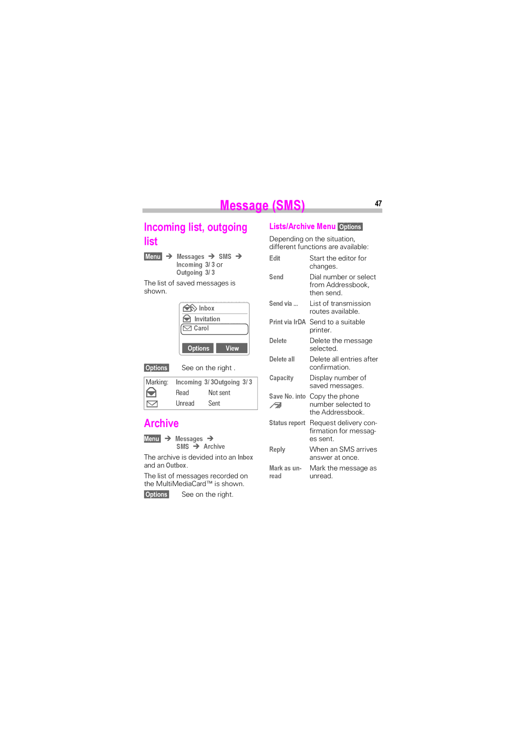 Siemens SL42, SL45i manual Incoming list, outgoing list, Lists/Archive Menu Options 