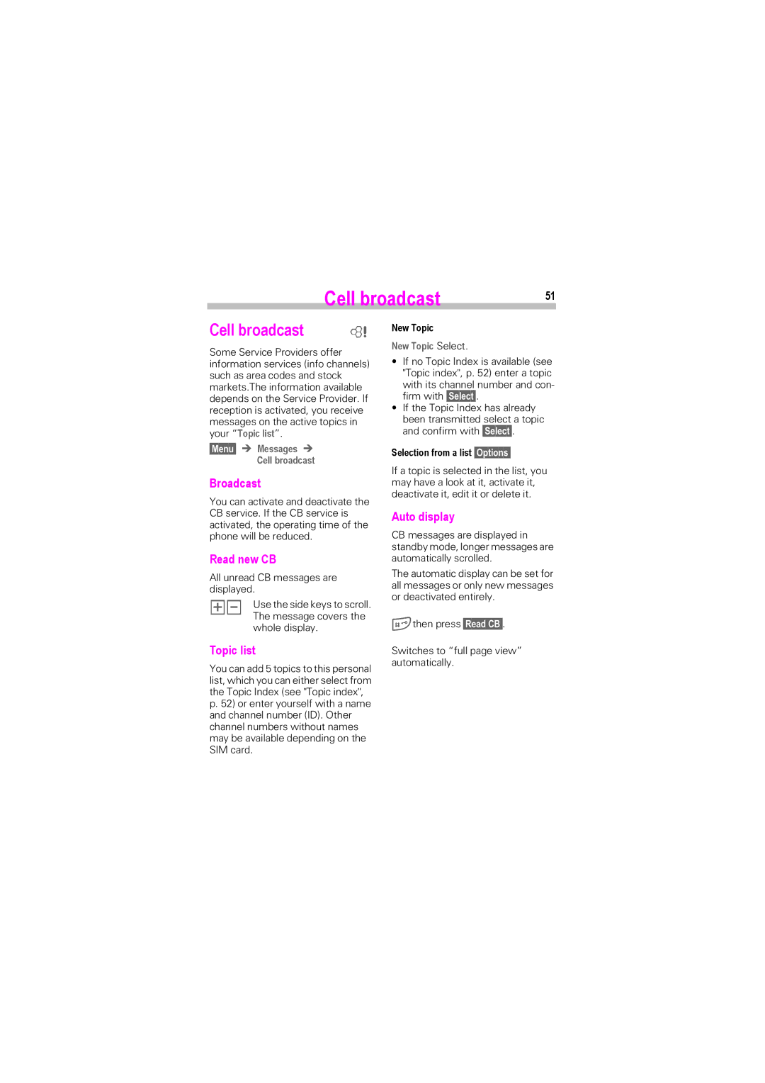 Siemens SL42, SL45i manual Cell broadcast 