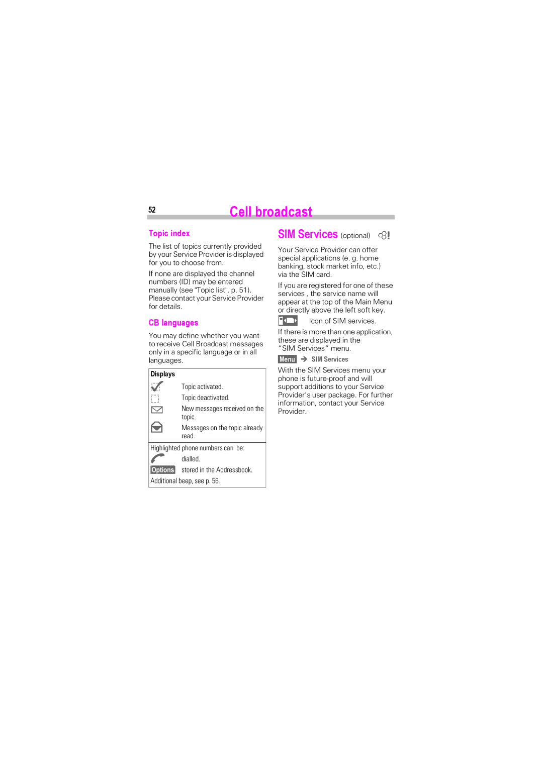 Siemens SL45i, SL42 manual SIM Services optional ~, Topic index, CB languages, Displays, Menu ! SIM Services 