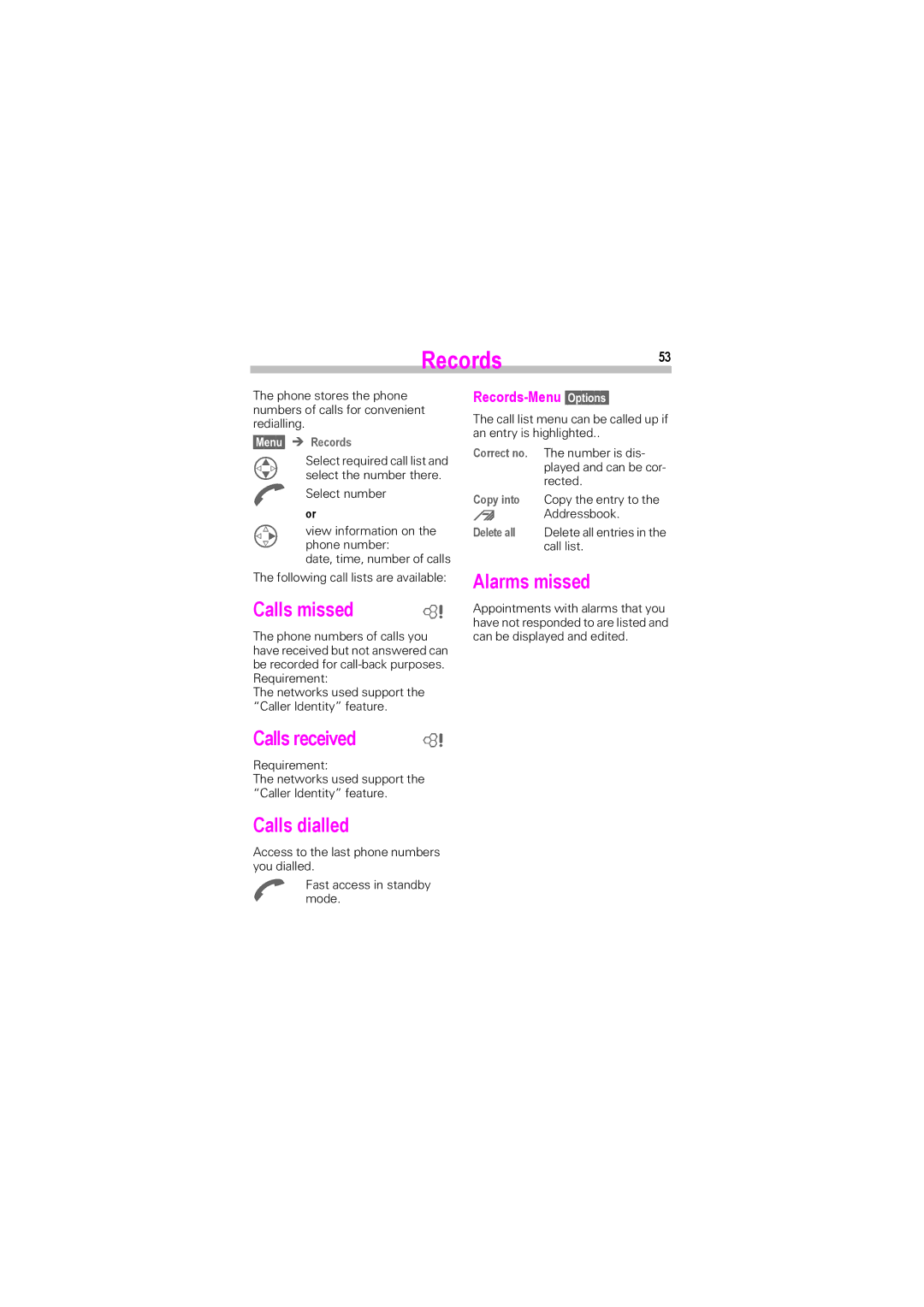 Siemens SL42, SL45i manual Records53, Alarms missed Calls missed, Calls received, Calls dialled, Records-Menu Options 