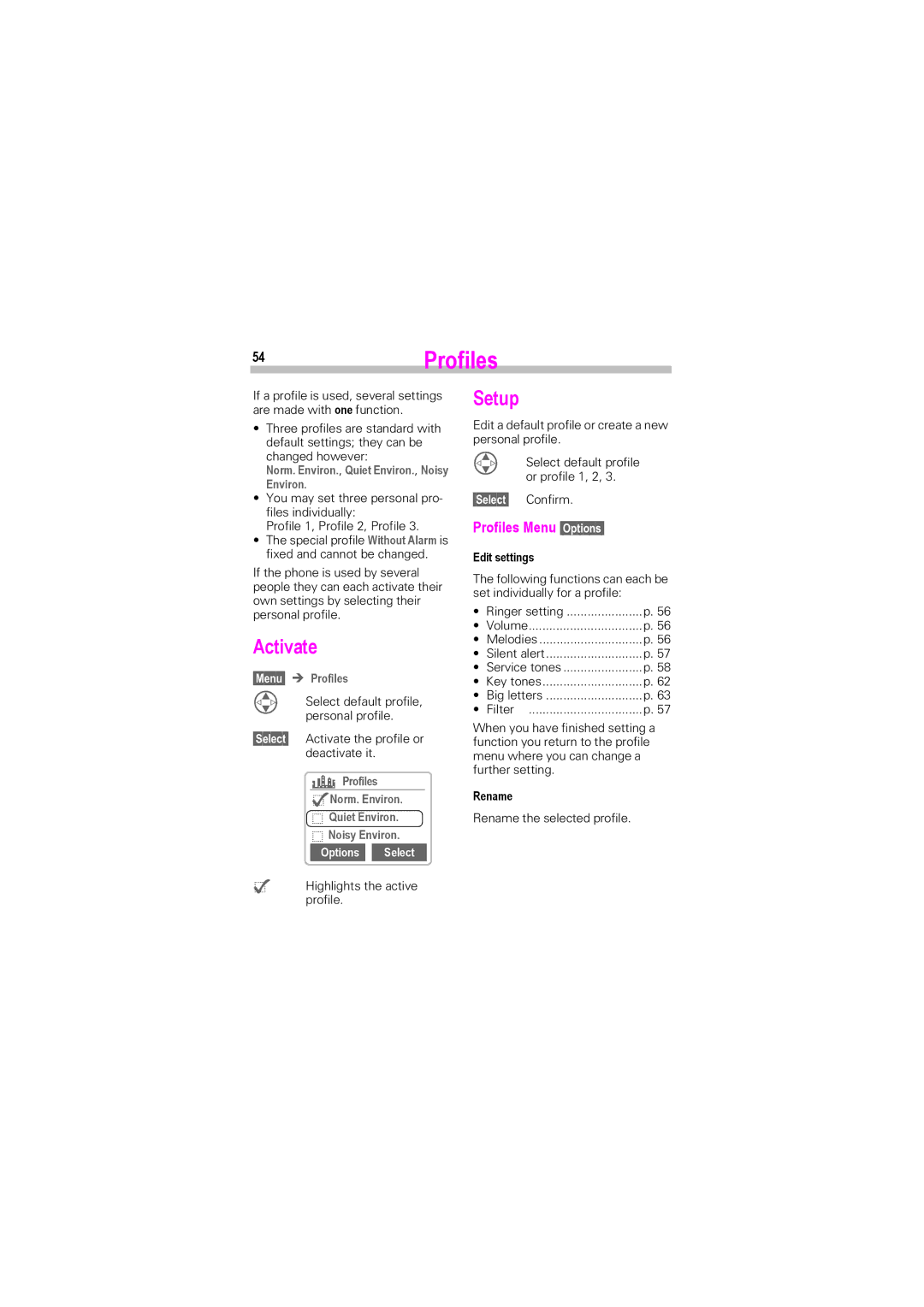 Siemens SL45i 54Profiles, Norm. Environ., Quiet Environ., Noisy, Menu ! Profiles, ` Profiles Norm. Environ Noisy Environ 