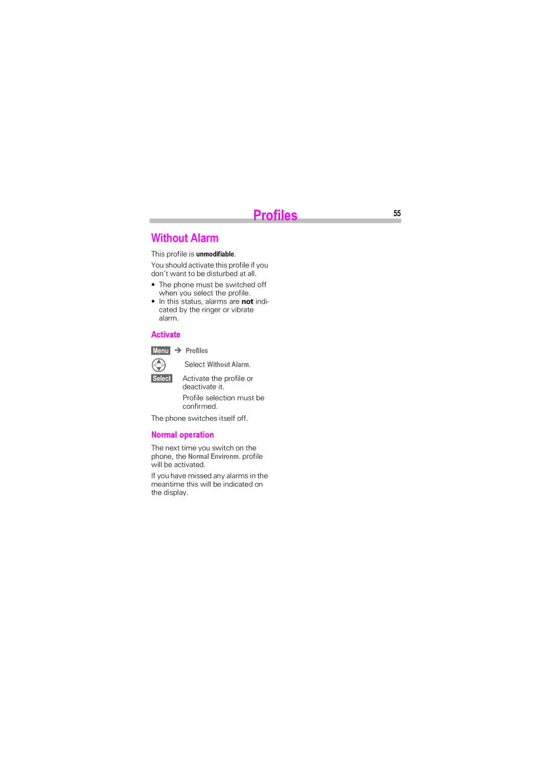 Siemens SL42, SL45i manual Profiles55, Activate, Normal operation, Menu ! Profiles Select Without Alarm 