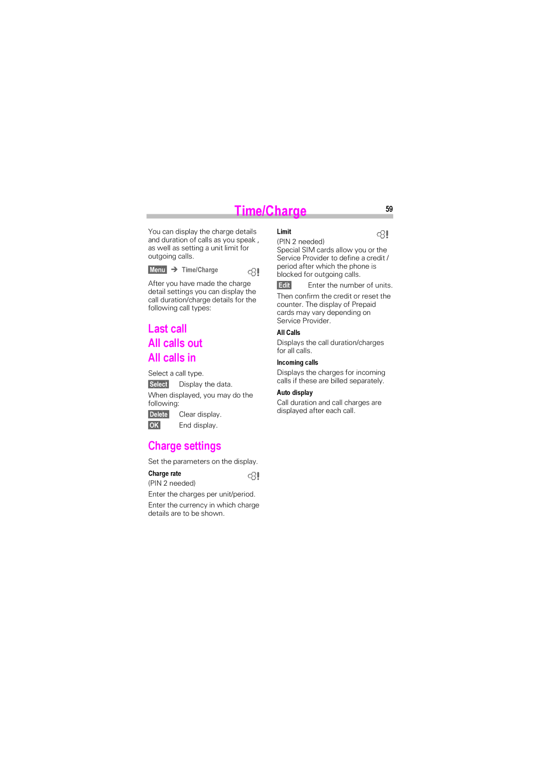 Siemens SL42, SL45i manual Time/Charge59, Last call All calls out, Charge settings, Menu ! Time/Charge 