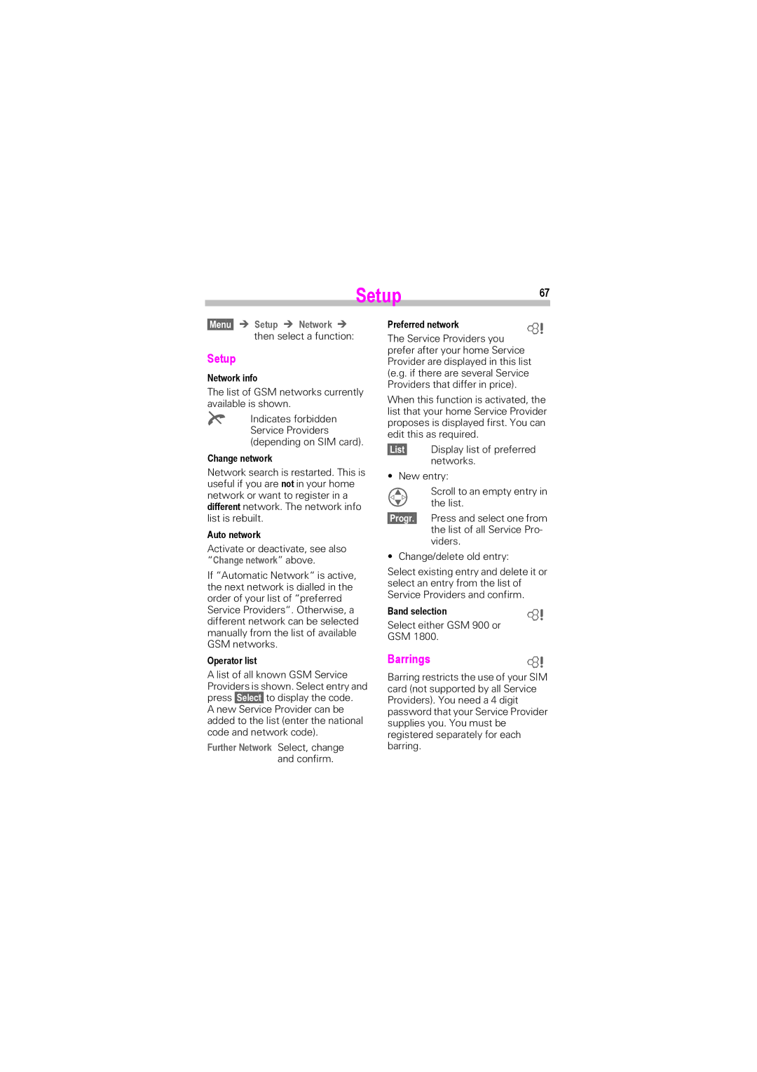 Siemens SL42, SL45i manual Setup67, Barrings 