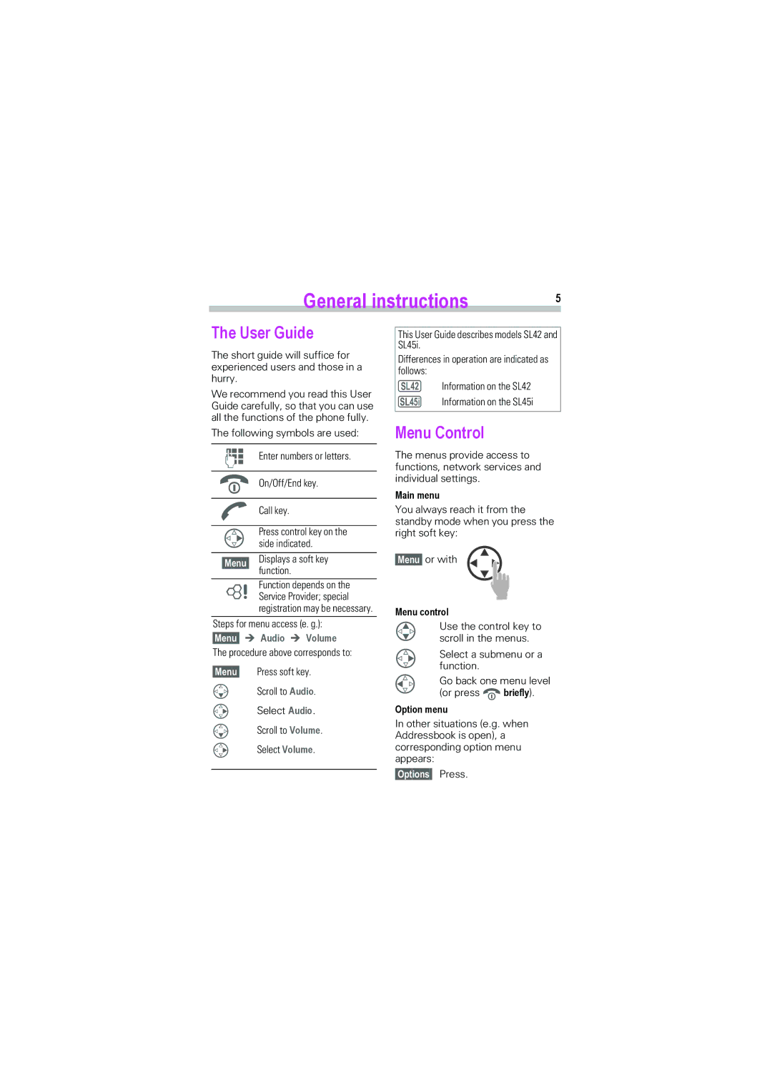 Siemens SL42, SL45i manual General instructions, User Guide, Menu Control 