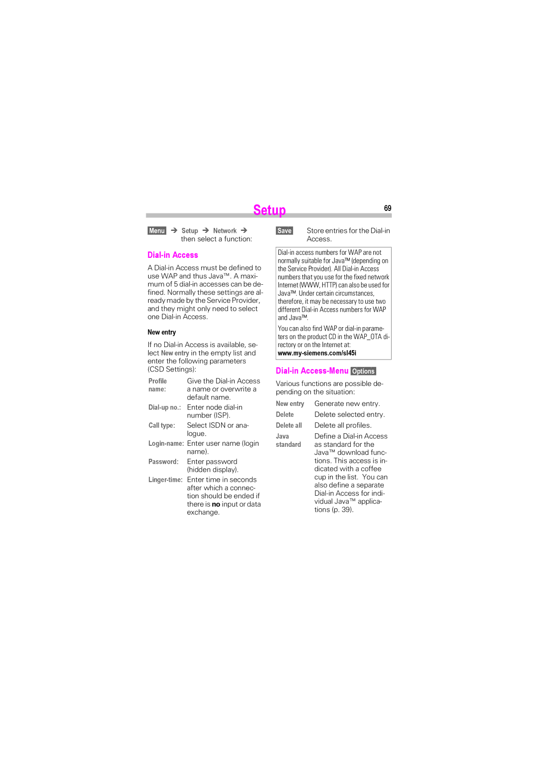 Siemens SL42, SL45i manual Setup69, Dial-in Access-Menu Options, Java, Standard 