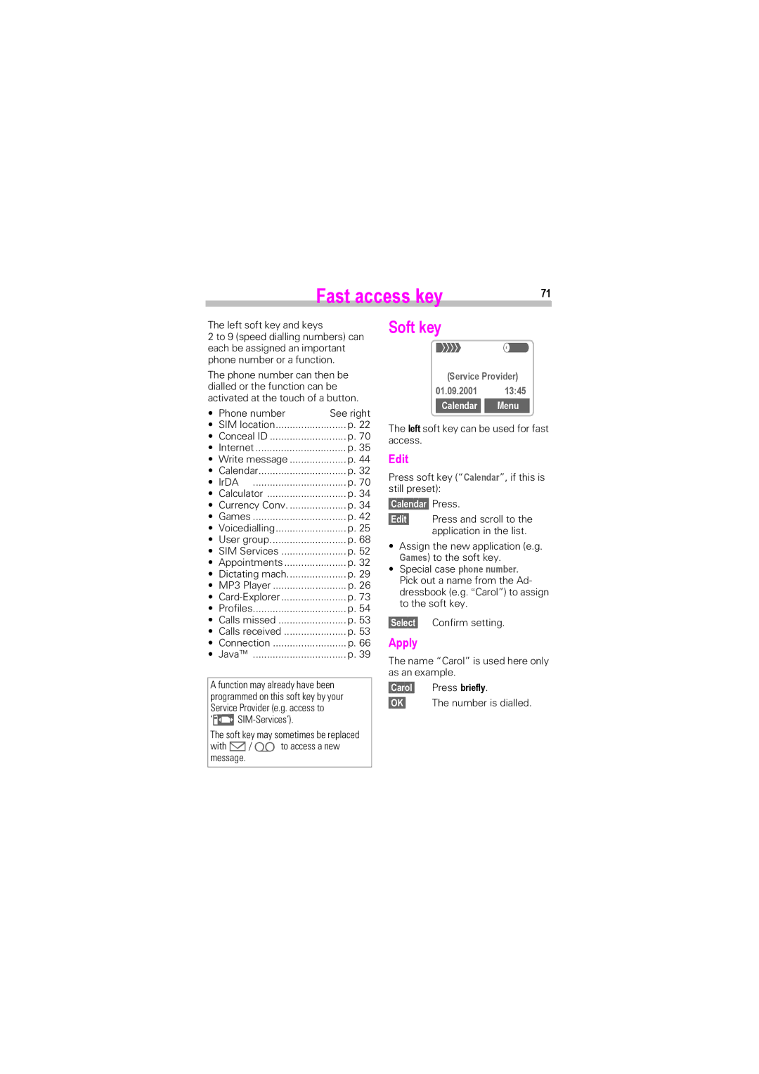 Siemens SL42, SL45i manual Fast access key, Soft key, Edit, Apply, Calendar Menu 