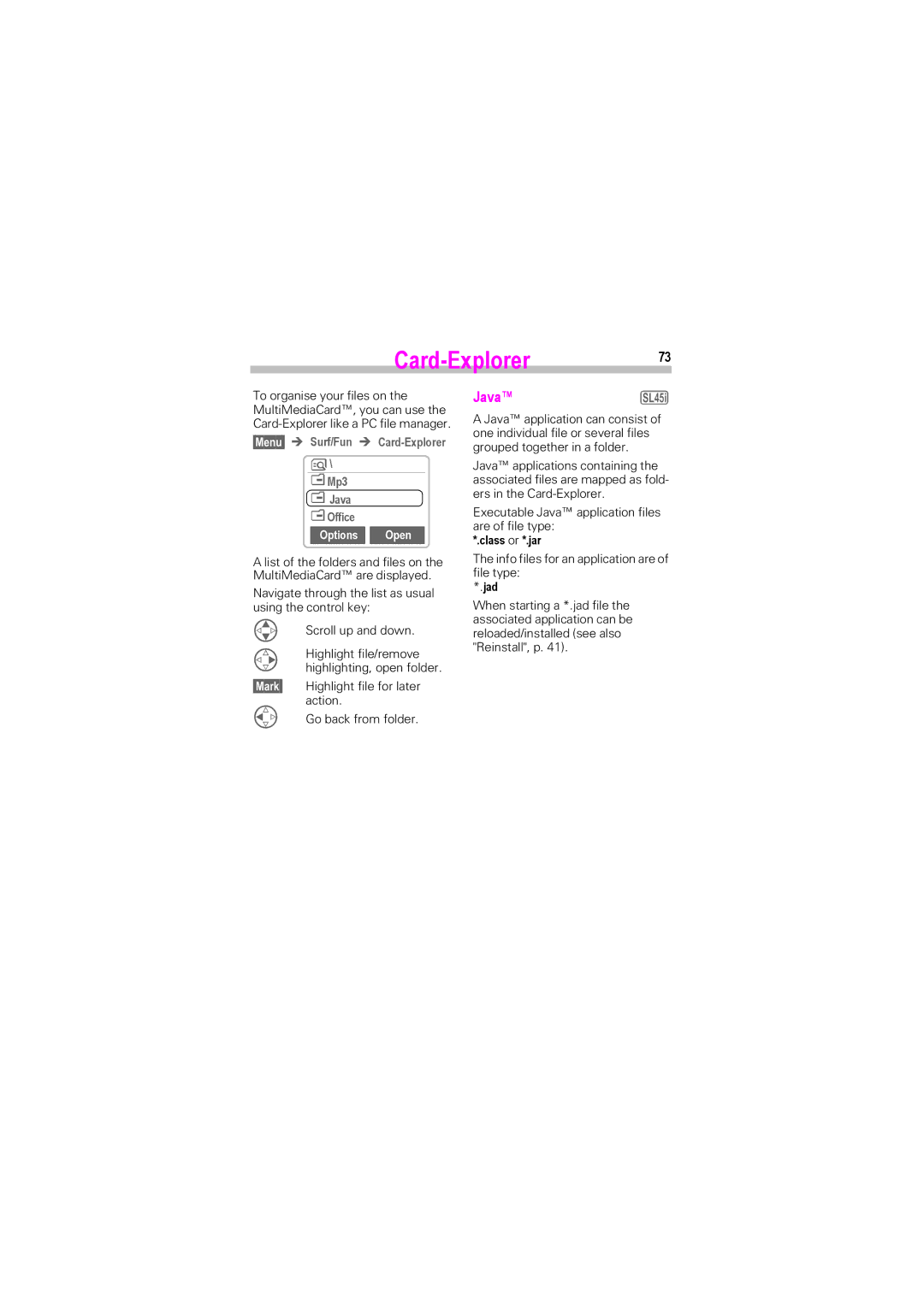 Siemens SL42, SL45i manual Card-Explorer73, Menu ! Surf/Fun ! Card-Explorer Mp3 Ü Java Ü Office, Options Open 