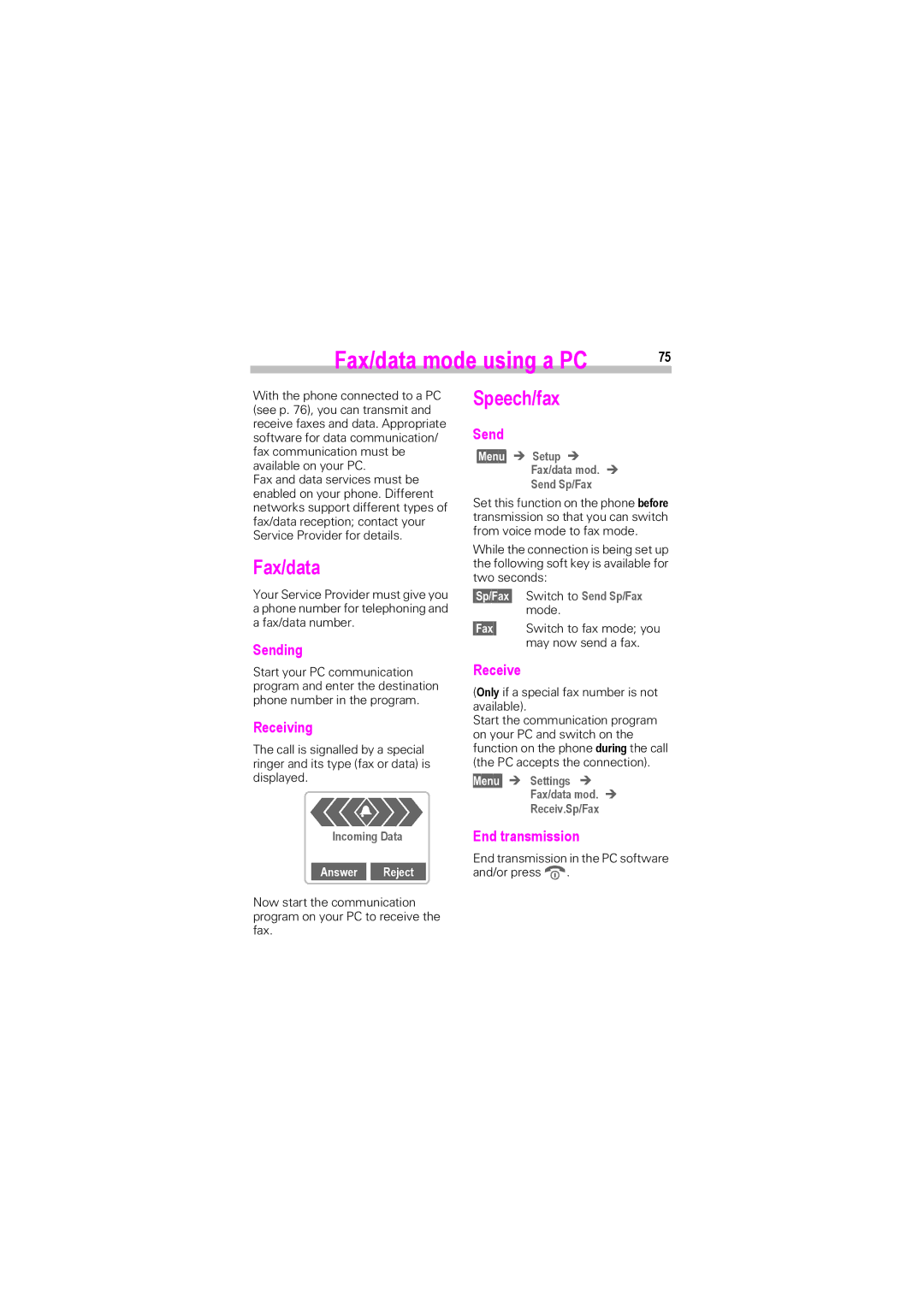 Siemens SL42, SL45i manual Fax/data mode using a PC, Speech/fax 