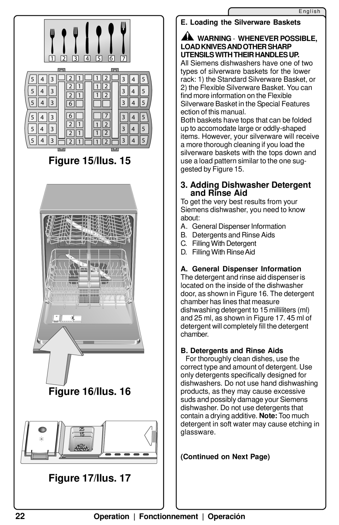 Siemens SL34A, SL95A, SL84A manual Adding Dishwasher Detergent and Rinse Aid, Loading the Silverware Baskets 