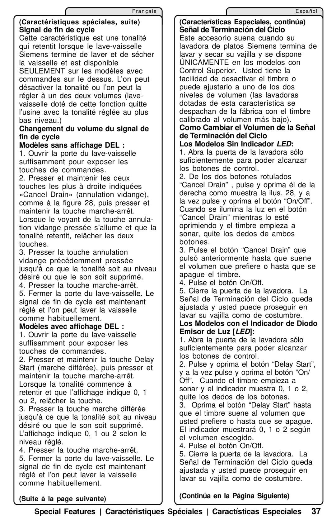 Siemens SL34A, SL95A, SL84A manual Caractéristiques spéciales, suite, Características Especiales, continúa 