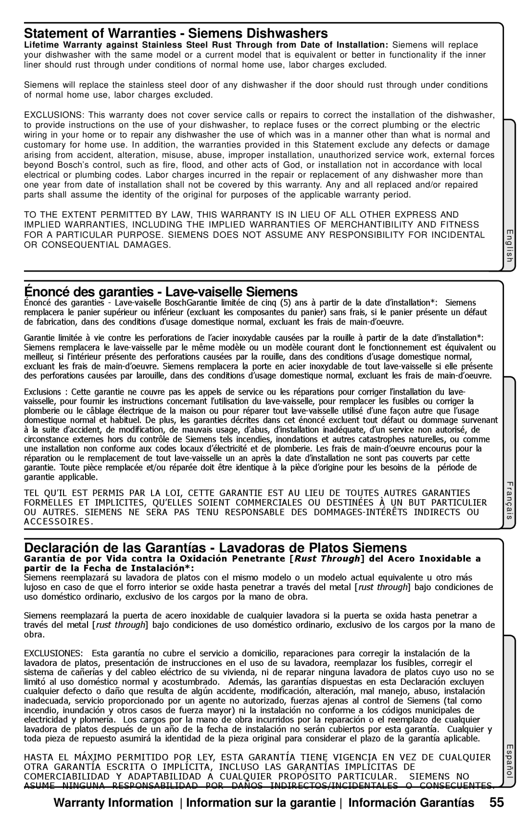 Siemens SL34A, SL95A, SL84A manual Statement of Warranties Siemens Dishwashers 